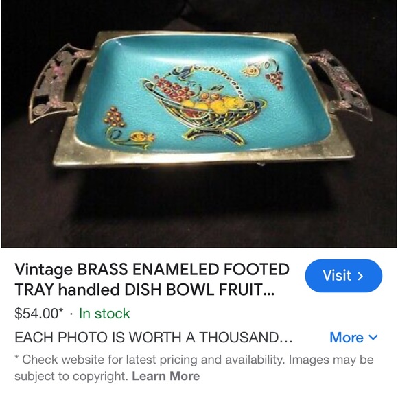 Vintage BRASS ENAMELED FOOTED Tray - Picture 10 of 11